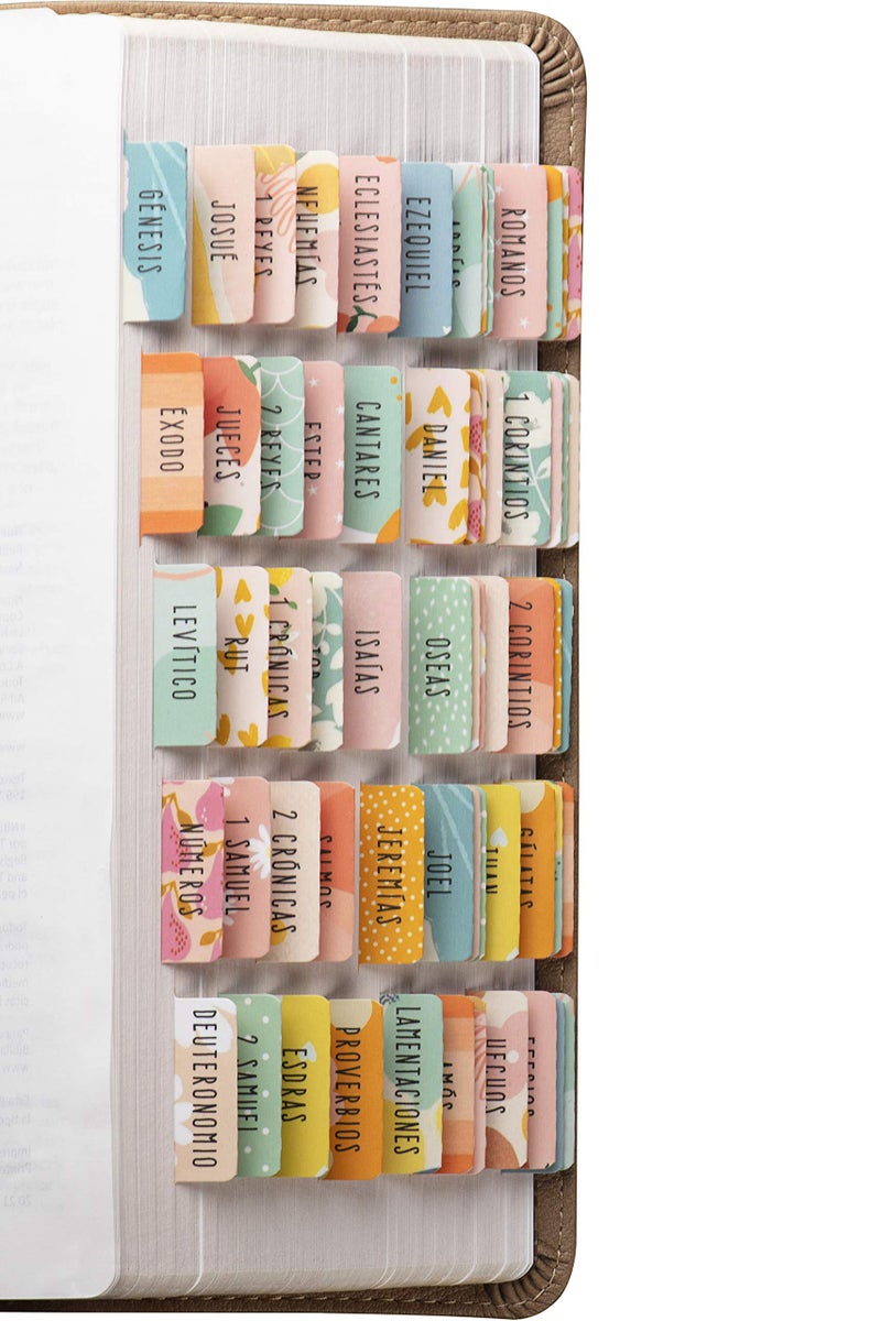 DiverseBee Spanish Bible Tabs (Large Print, Easy to Read), Bible Journaling Book Tabs, Christian Gift, 66 Bible Tabs Old and New Testament, Includes Catholic Books and 9 Blank Tabs - Alegria Theme - Image 1